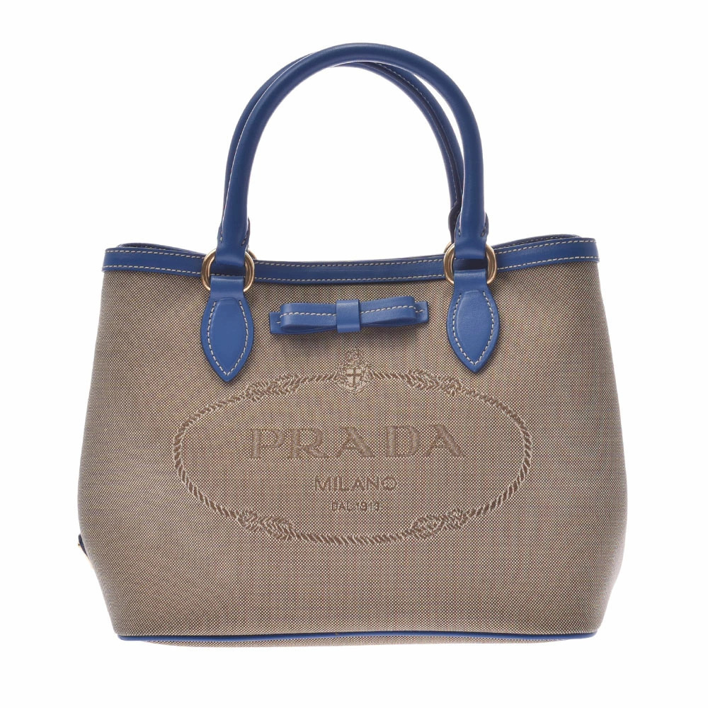 PRADA Beige Blue Canvas Calfskin Bag